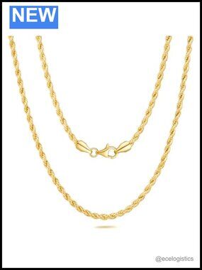 14k Gold Plated Rope Chain Necklace 2.5mm Twisted Shine Women Men